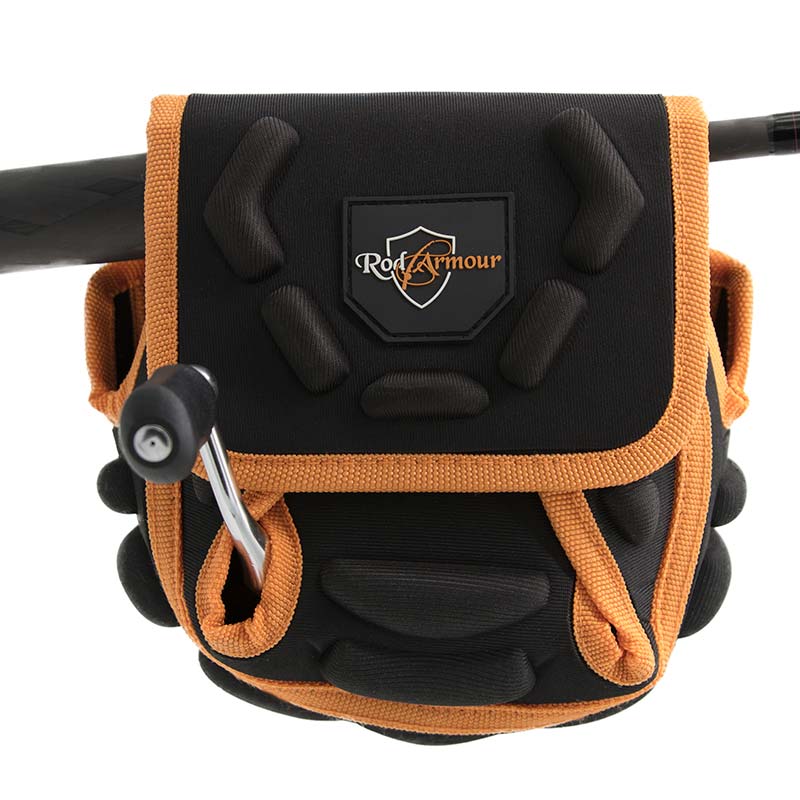 Black and orange spinning reel protective case over fishing reel