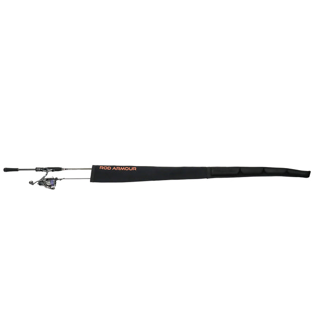 Full-length view of Rod Armour Pro sleeve covering a spinning combo, white background