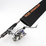 Rod Armour Pro sleeve sliding over a spinning reel and rod with drawstring closure