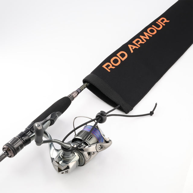 Rod Armour Pro sleeve sliding over a spinning reel and rod with drawstring closure