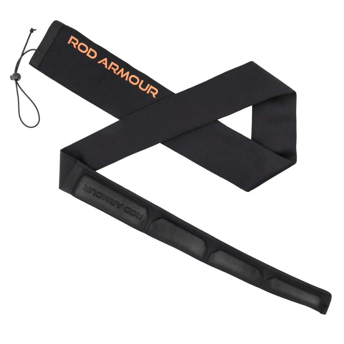 Fishing Rod Sleeve Pro by Rod Armour: black padded rod cover with orange logo and drawcord rod leash