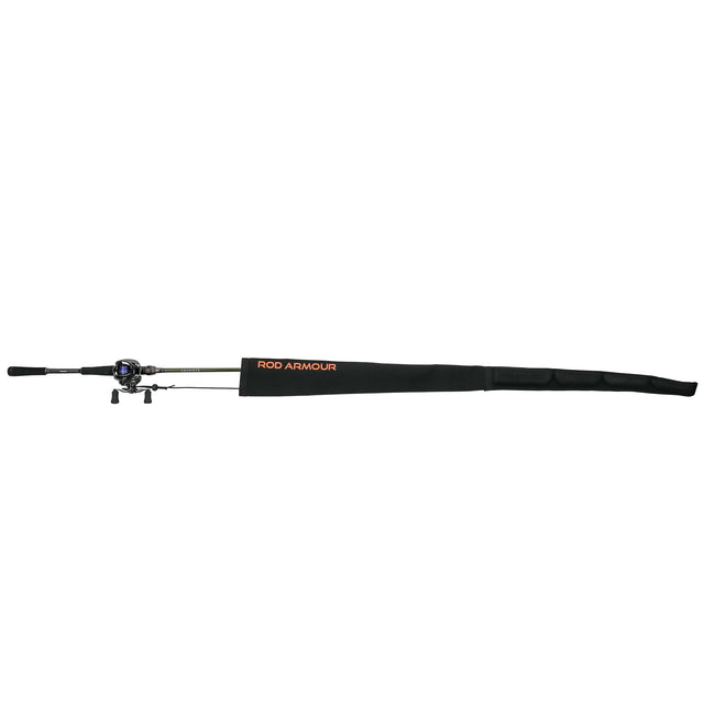 Full-length view of Rod Armour Pro sleeve covering a baitcaster combo, white background