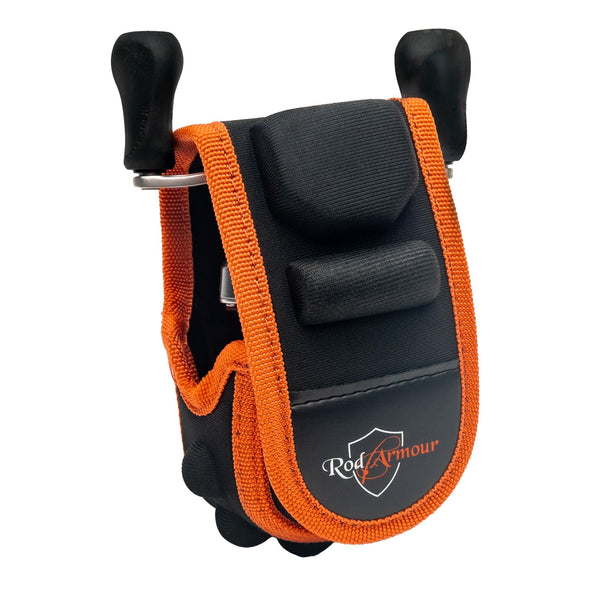 Rod Armour Reel Armour baitcast reel cover in black with orange trim and dual handle slots