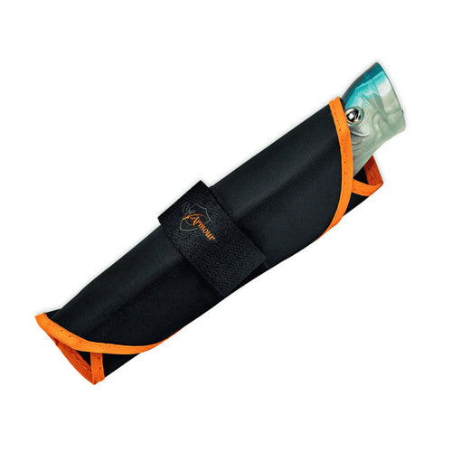 LureShield lure cover by Rod Armour wrapped around a rigged lure, black with orange trim
