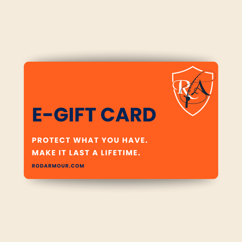 Rod Armour e-gift card in orange with the Rod Armour shield logo