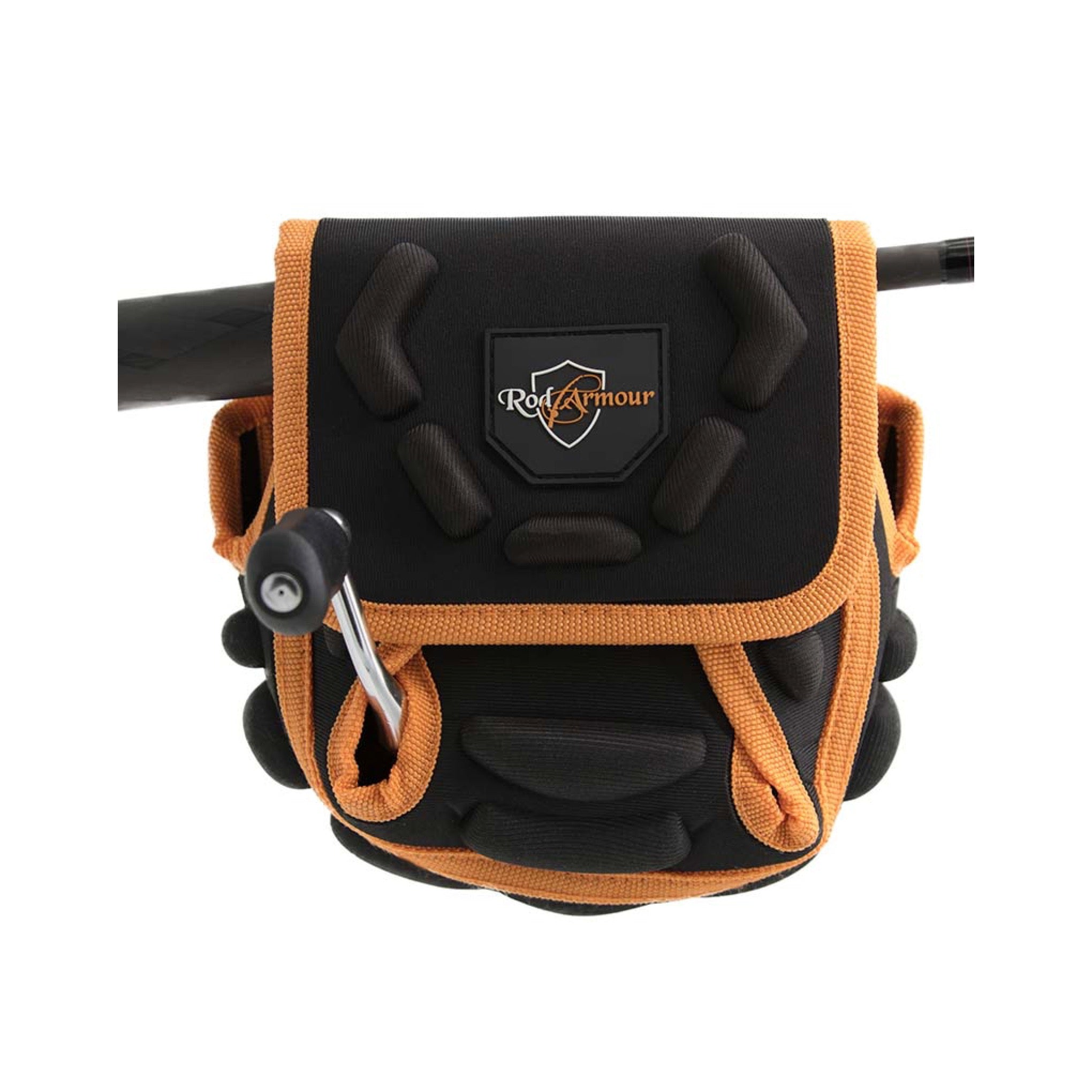 Rod Armour Spinning Reel Cover — protective black and orange case on a fishing reel