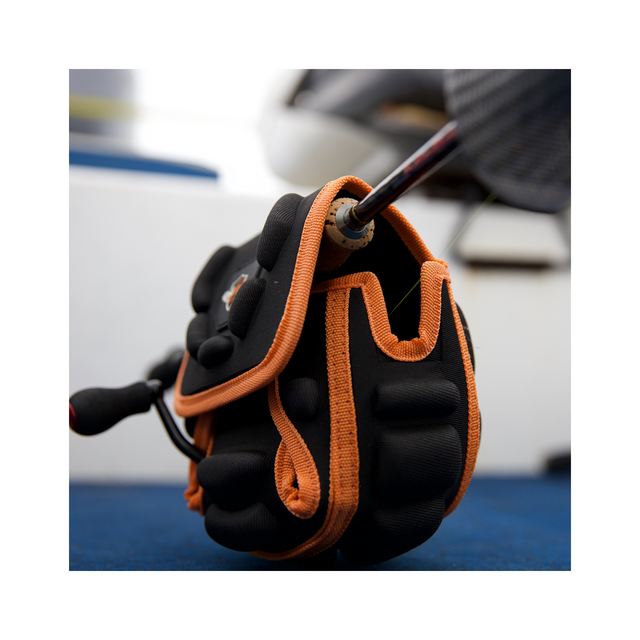 Rod Armour Spinning Fishing Reel Cover in black and orange