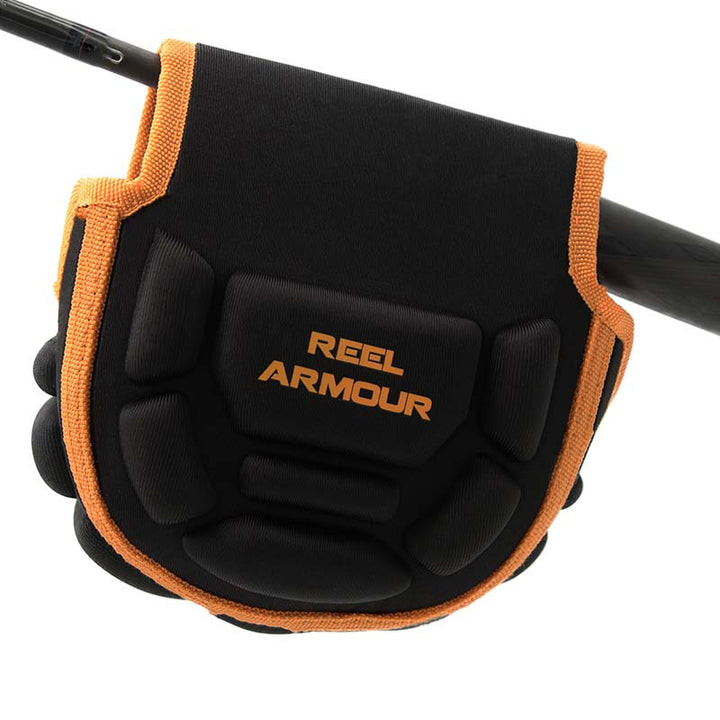 Black and orange spinning reel case back view