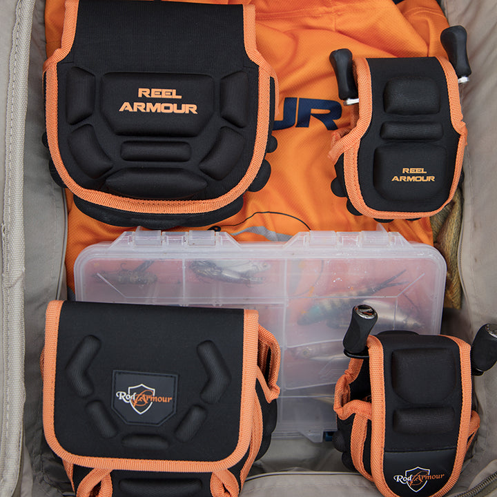 Black and orange spinning and baitcaster fishing reel cases